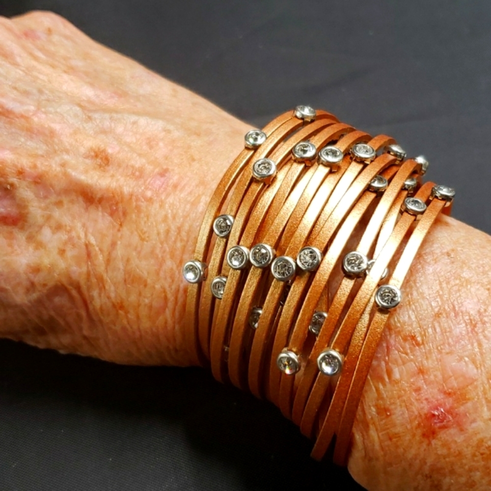 Rhinestone studded copper leather bracelet